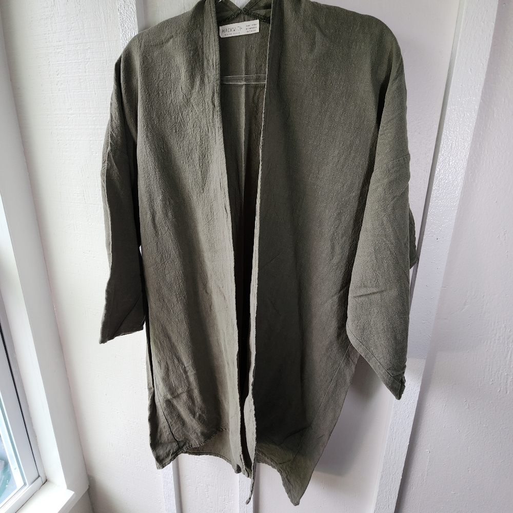 Hackwith Design House Sage Green Linen Kimono Cardigan Lagenlook Layering XS/S